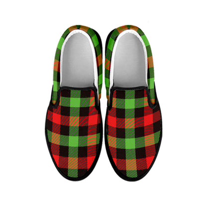 Green Red And Black Buffalo Plaid Print Black Slip On Shoes