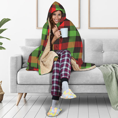 Green Red And Black Buffalo Plaid Print Hooded Blanket