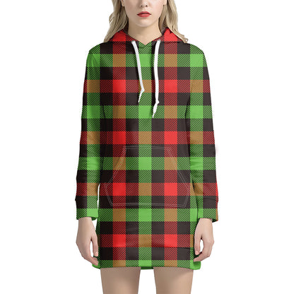 Green Red And Black Buffalo Plaid Print Hoodie Dress