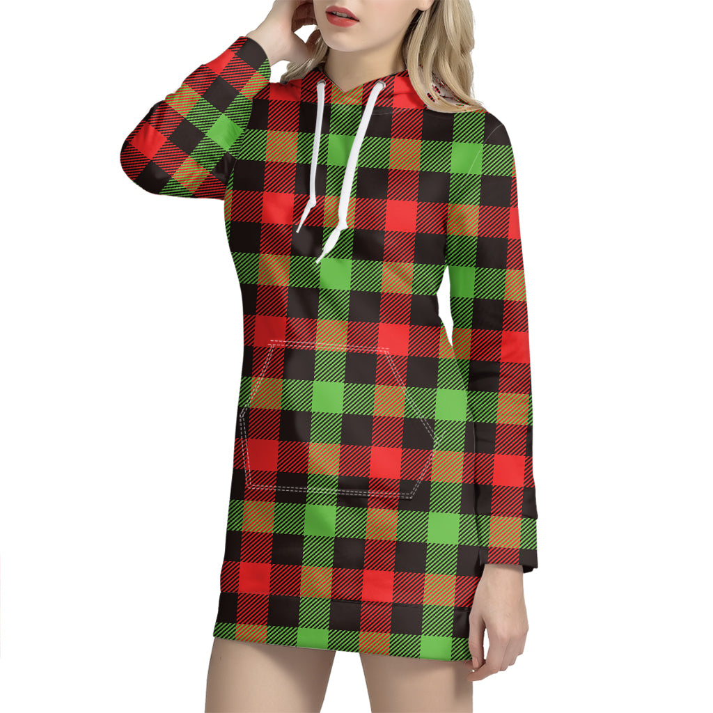 Green Red And Black Buffalo Plaid Print Hoodie Dress