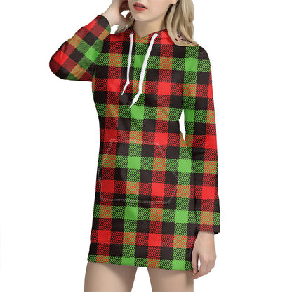 Green Red And Black Buffalo Plaid Print Hoodie Dress