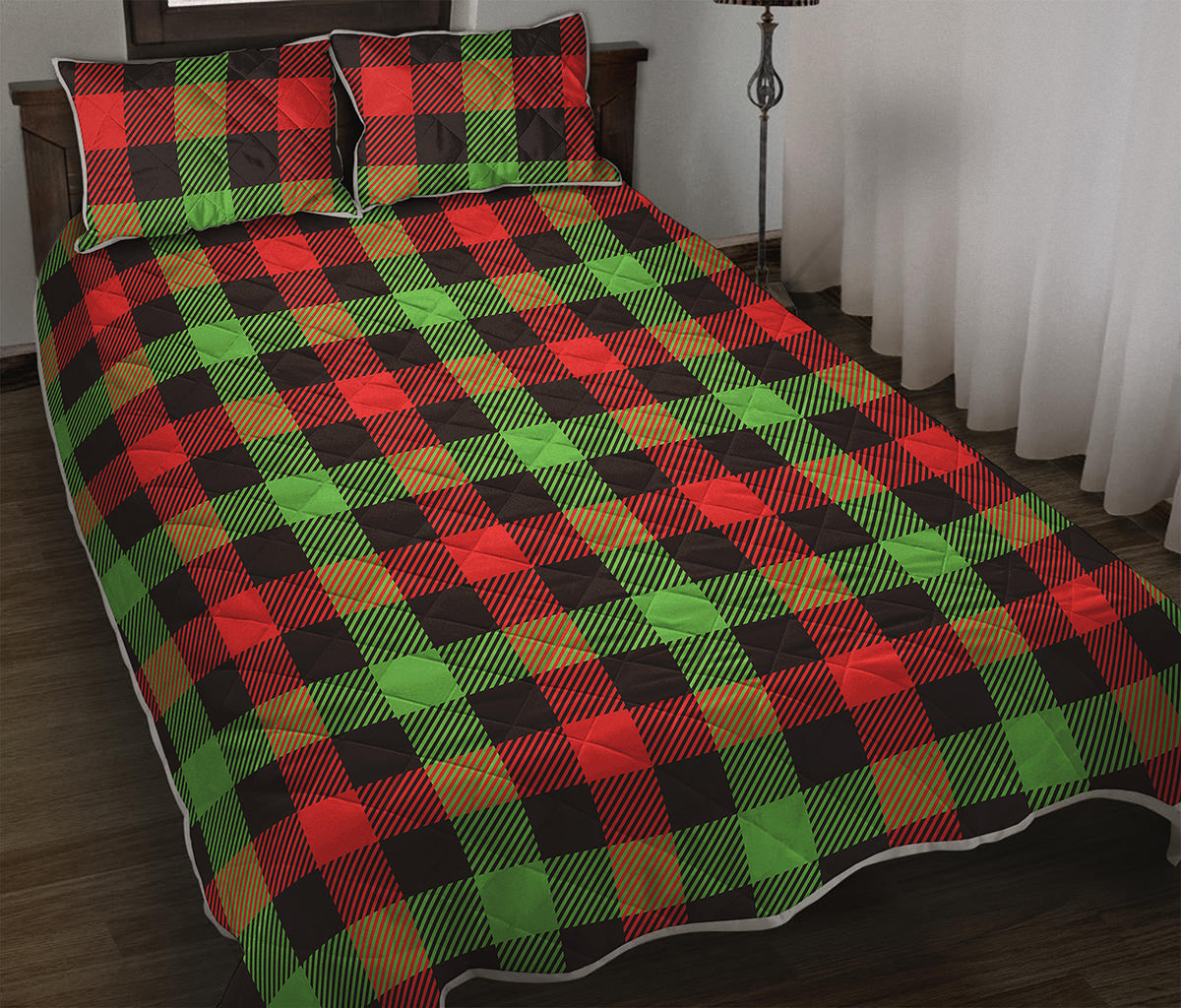 Green Red And Black Buffalo Plaid Print Quilt Bed Set