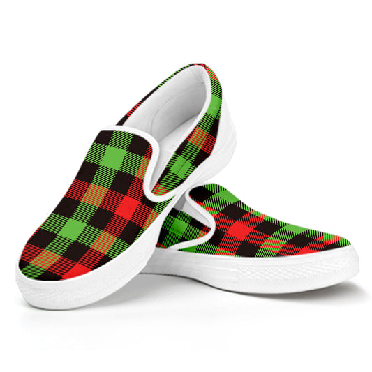 Green Red And Black Buffalo Plaid Print White Slip On Shoes