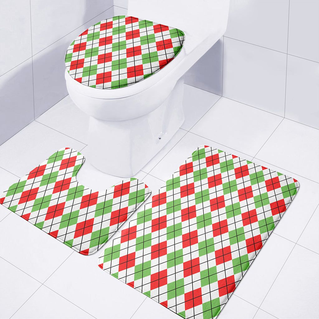 Green Red And White Argyle Pattern Print 3 Piece Bath Mat Set