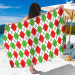 Green Red And White Argyle Pattern Print Beach Sarong Wrap