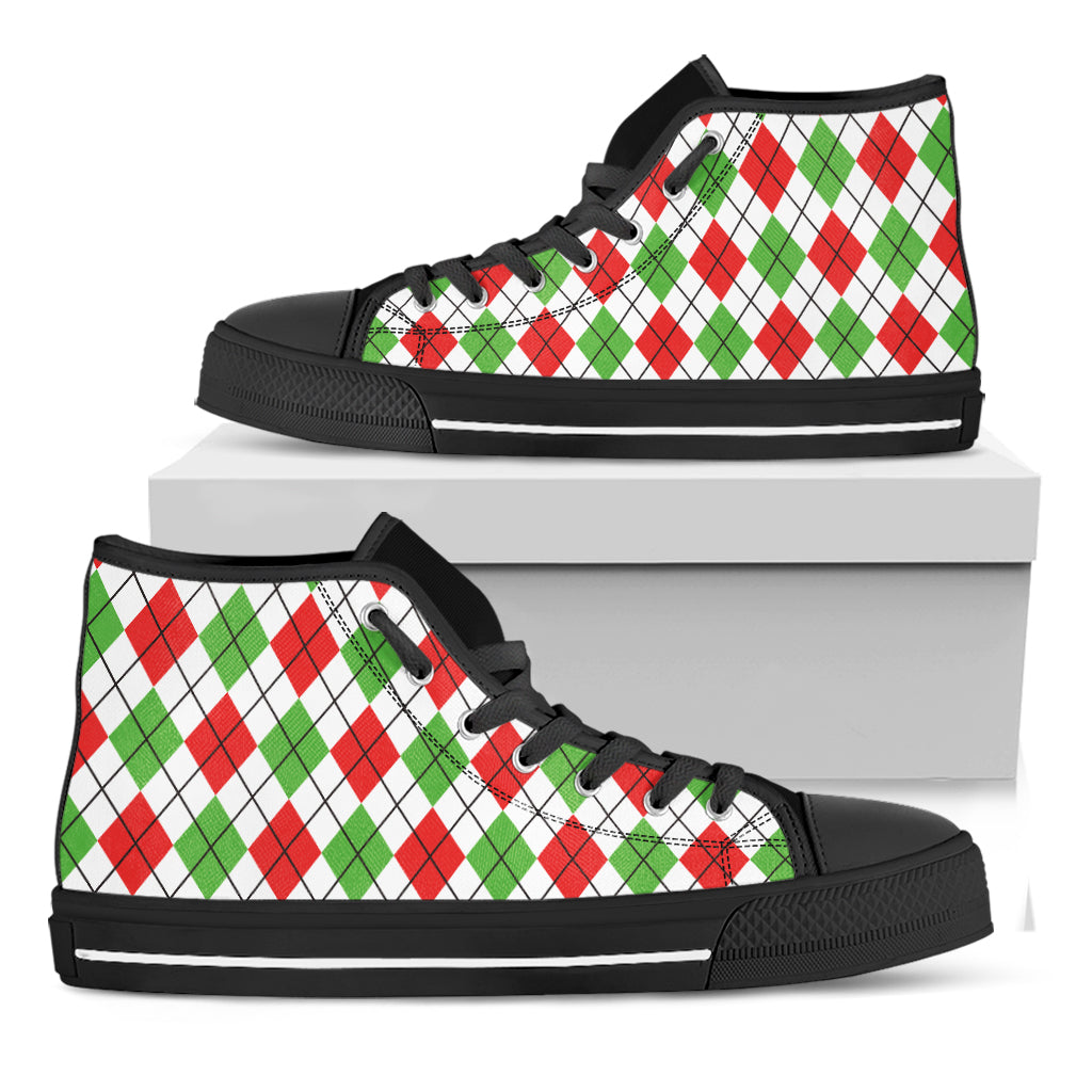 Green Red And White Argyle Pattern Print Black High Top Shoes