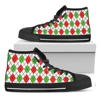 Green Red And White Argyle Pattern Print Black High Top Shoes