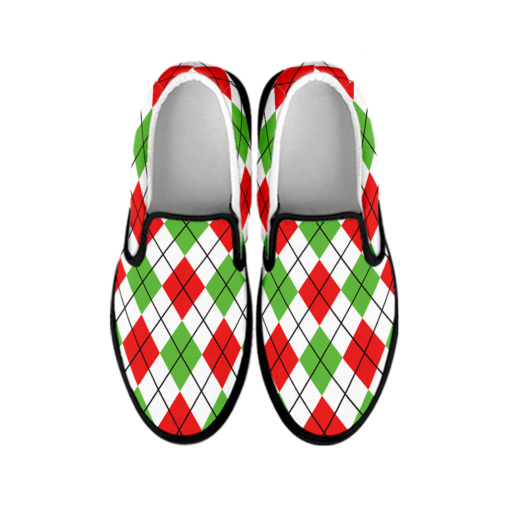 Green Red And White Argyle Pattern Print Black Slip On Shoes