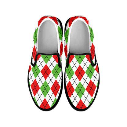 Green Red And White Argyle Pattern Print Black Slip On Shoes