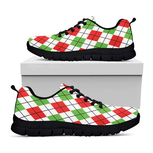 Green Red And White Argyle Pattern Print Black Sneakers