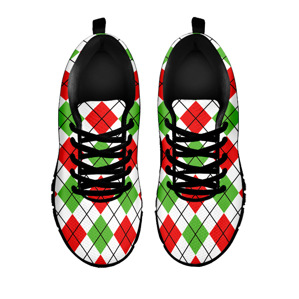 Green Red And White Argyle Pattern Print Black Sneakers