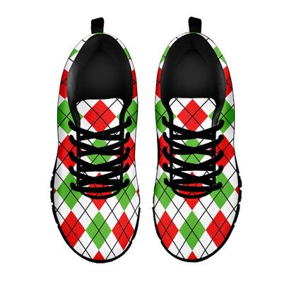 Green Red And White Argyle Pattern Print Black Sneakers