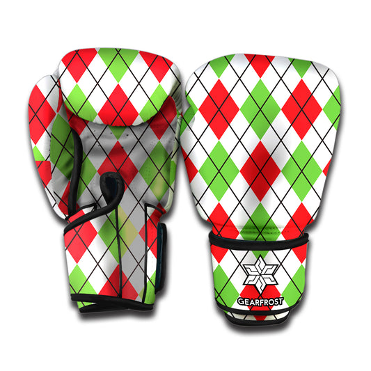 Green Red And White Argyle Pattern Print Boxing Gloves