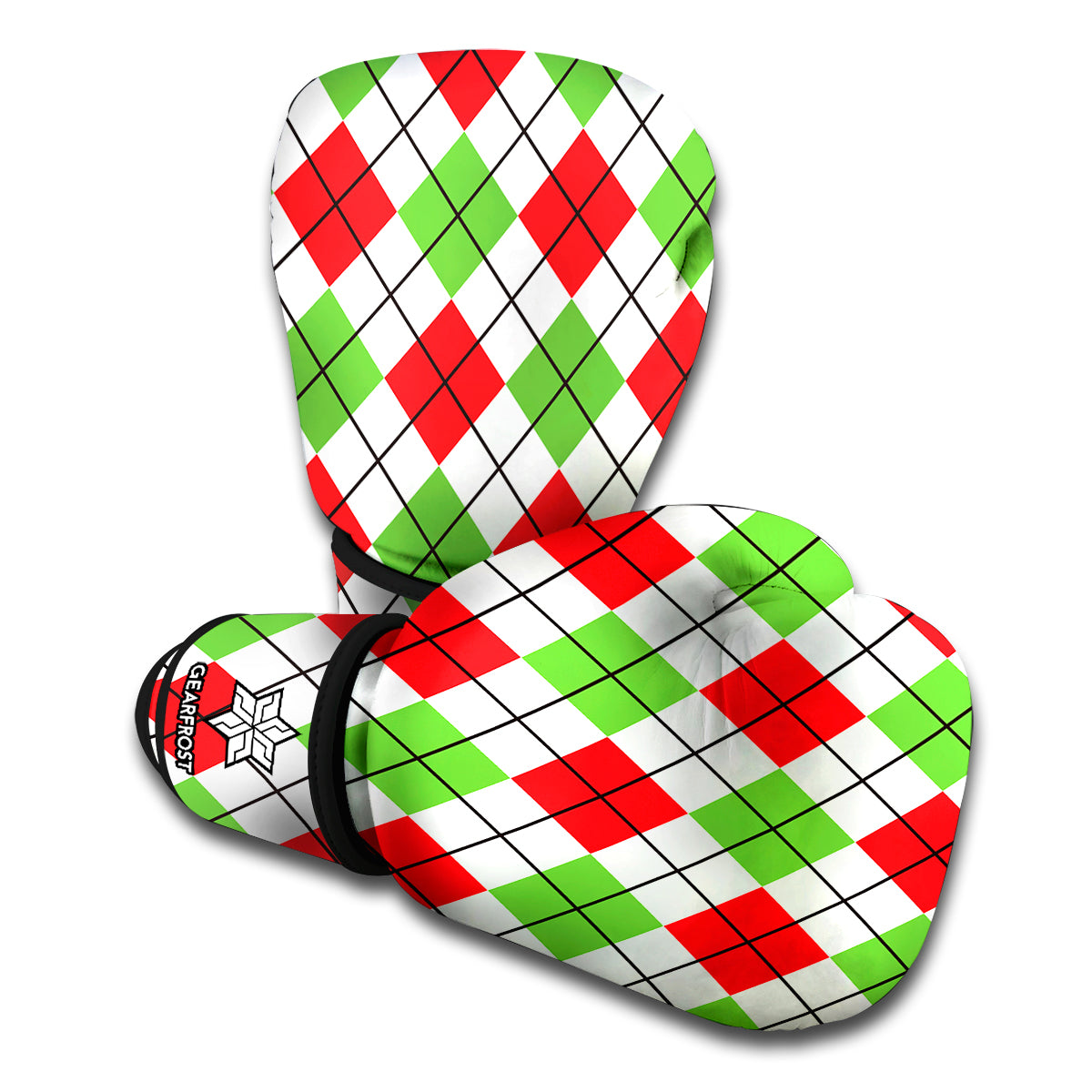 Green Red And White Argyle Pattern Print Boxing Gloves