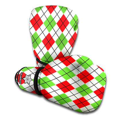 Green Red And White Argyle Pattern Print Boxing Gloves