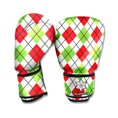 Green Red And White Argyle Pattern Print Boxing Gloves