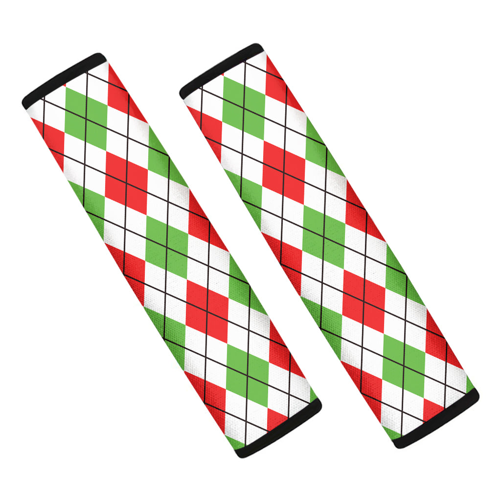 Green Red And White Argyle Pattern Print Car Seat Belt Covers