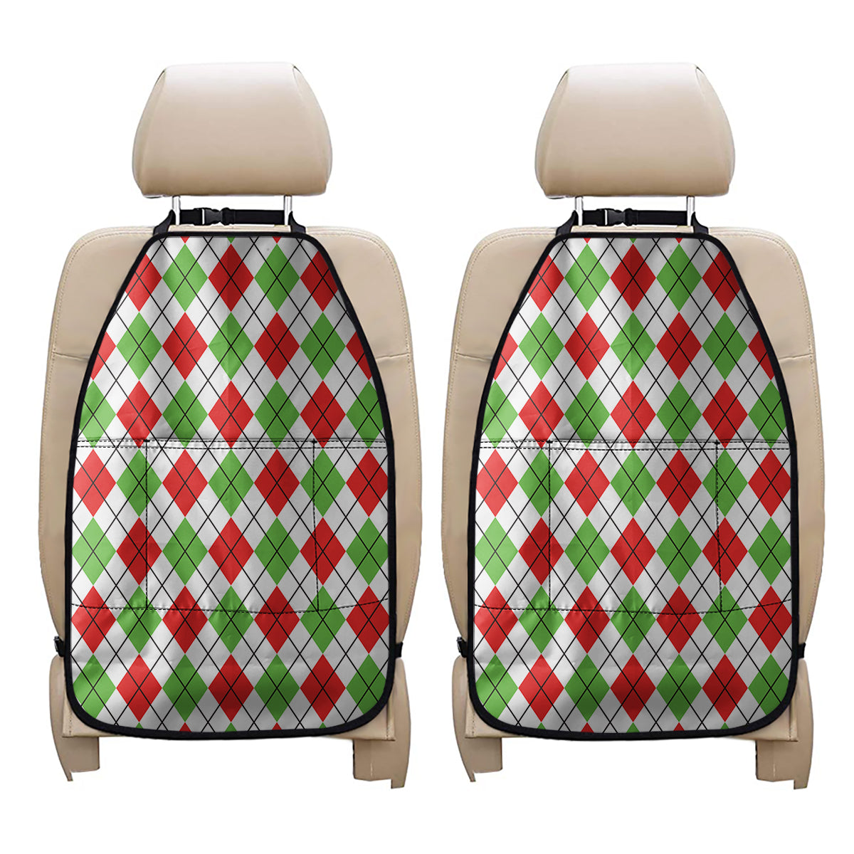 Green Red And White Argyle Pattern Print Car Seat Organizers
