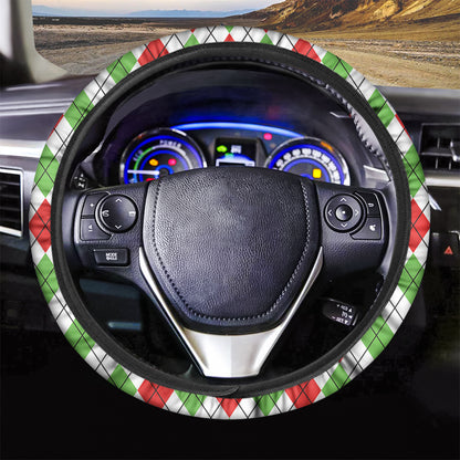 Green Red And White Argyle Pattern Print Car Steering Wheel Cover