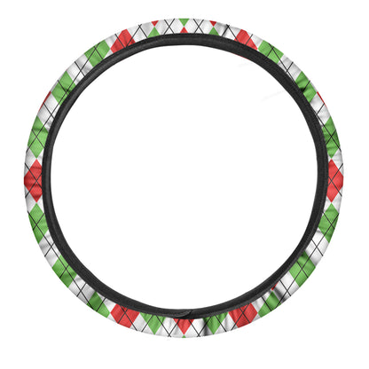 Green Red And White Argyle Pattern Print Car Steering Wheel Cover