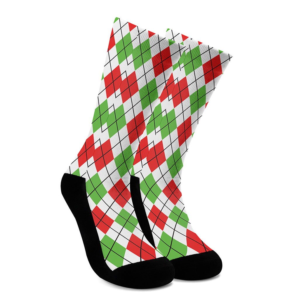 Green Red And White Argyle Pattern Print Crew Socks