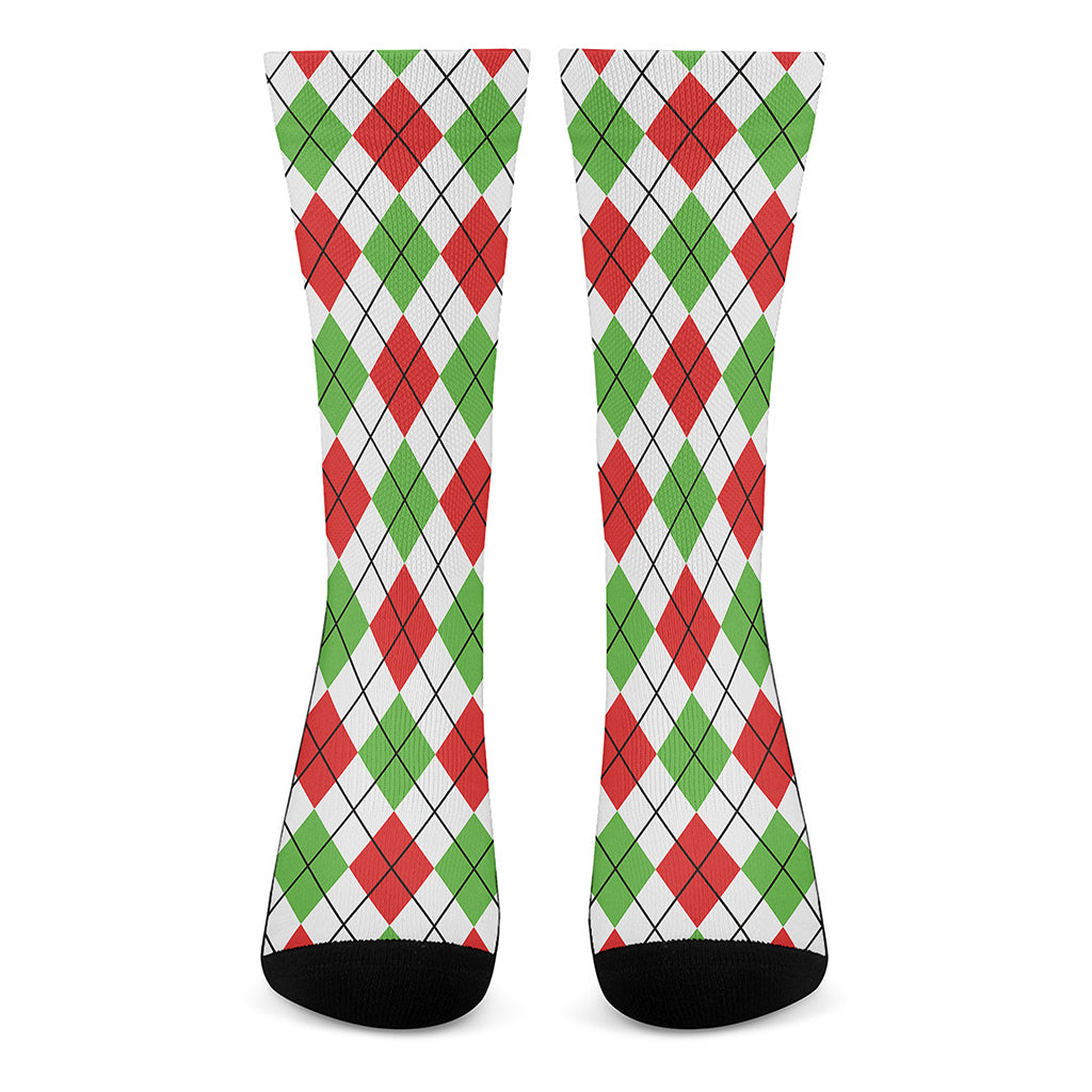 Green Red And White Argyle Pattern Print Crew Socks
