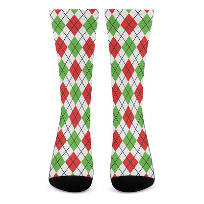 Green Red And White Argyle Pattern Print Crew Socks