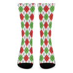 Green Red And White Argyle Pattern Print Crew Socks
