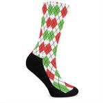 Green Red And White Argyle Pattern Print Crew Socks