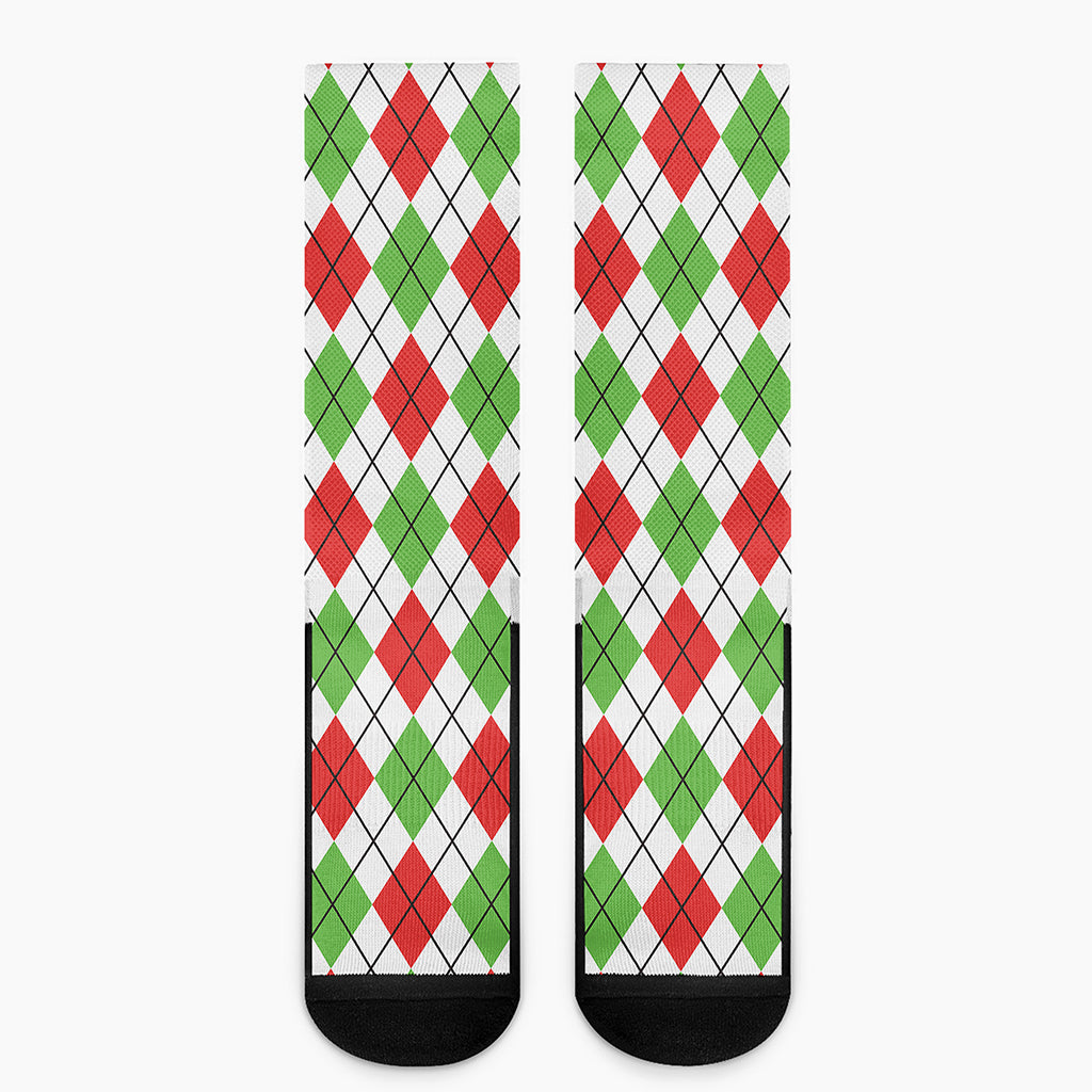 Green Red And White Argyle Pattern Print Crew Socks
