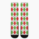 Green Red And White Argyle Pattern Print Crew Socks