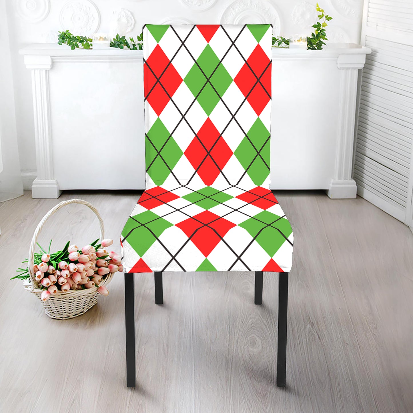 Green Red And White Argyle Pattern Print Dining Chair Slipcover