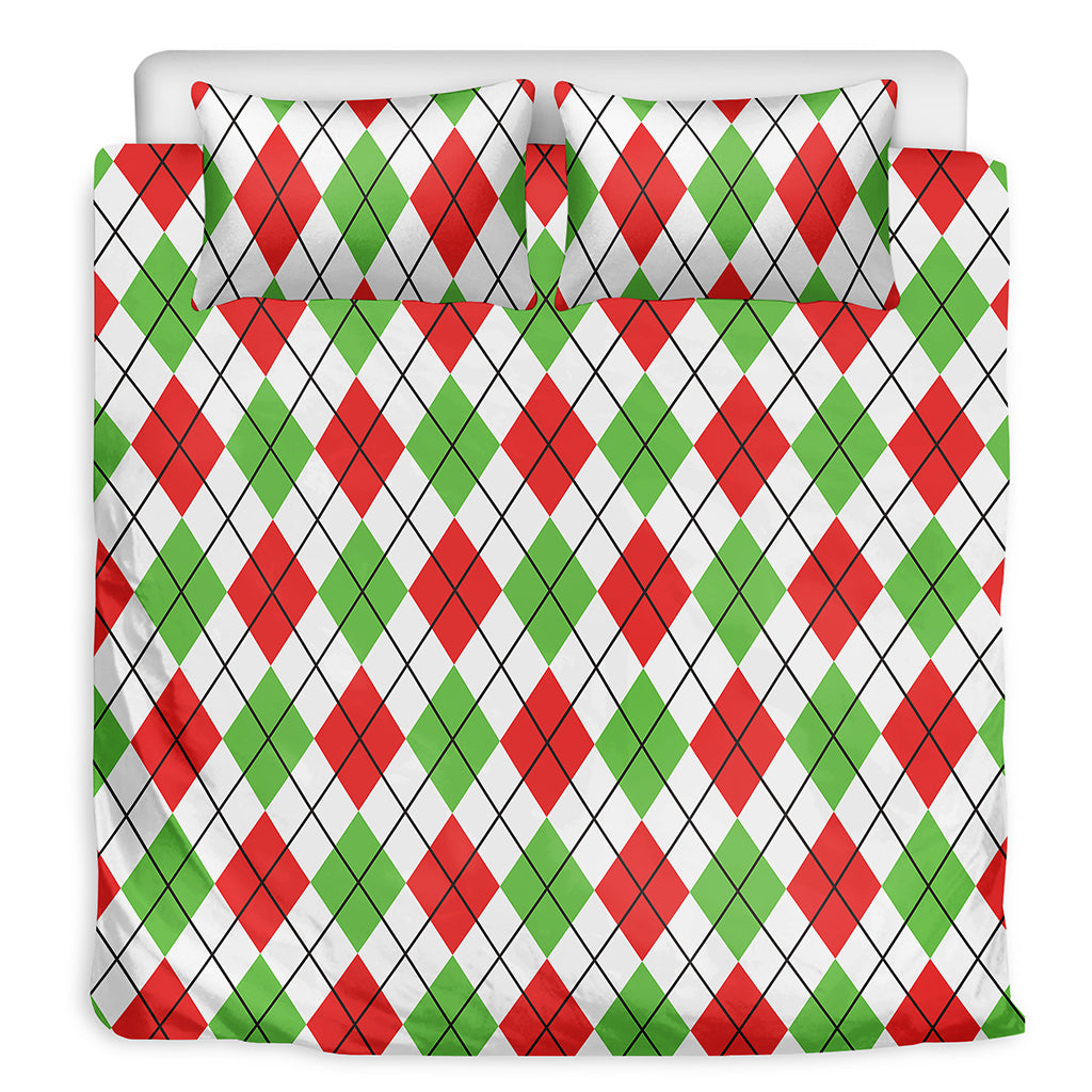 Green Red And White Argyle Pattern Print Duvet Cover Bedding Set