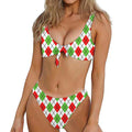 Green Red And White Argyle Pattern Print Front Bow Tie Bikini