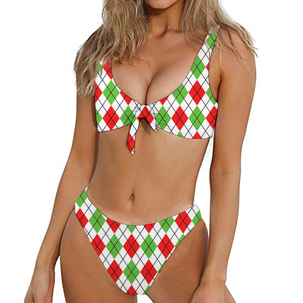 Green Red And White Argyle Pattern Print Front Bow Tie Bikini