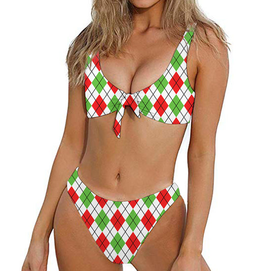 Green Red And White Argyle Pattern Print Front Bow Tie Bikini
