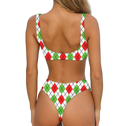 Green Red And White Argyle Pattern Print Front Bow Tie Bikini