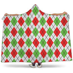 Green Red And White Argyle Pattern Print Hooded Blanket