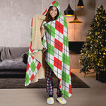 Green Red And White Argyle Pattern Print Hooded Blanket