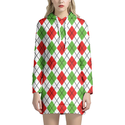Green Red And White Argyle Pattern Print Hoodie Dress