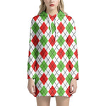 Green Red And White Argyle Pattern Print Hoodie Dress