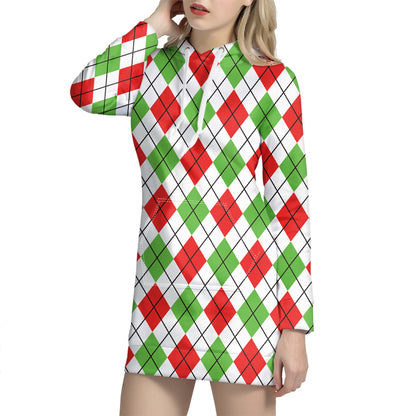 Green Red And White Argyle Pattern Print Hoodie Dress