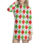 Green Red And White Argyle Pattern Print Hoodie Dress
