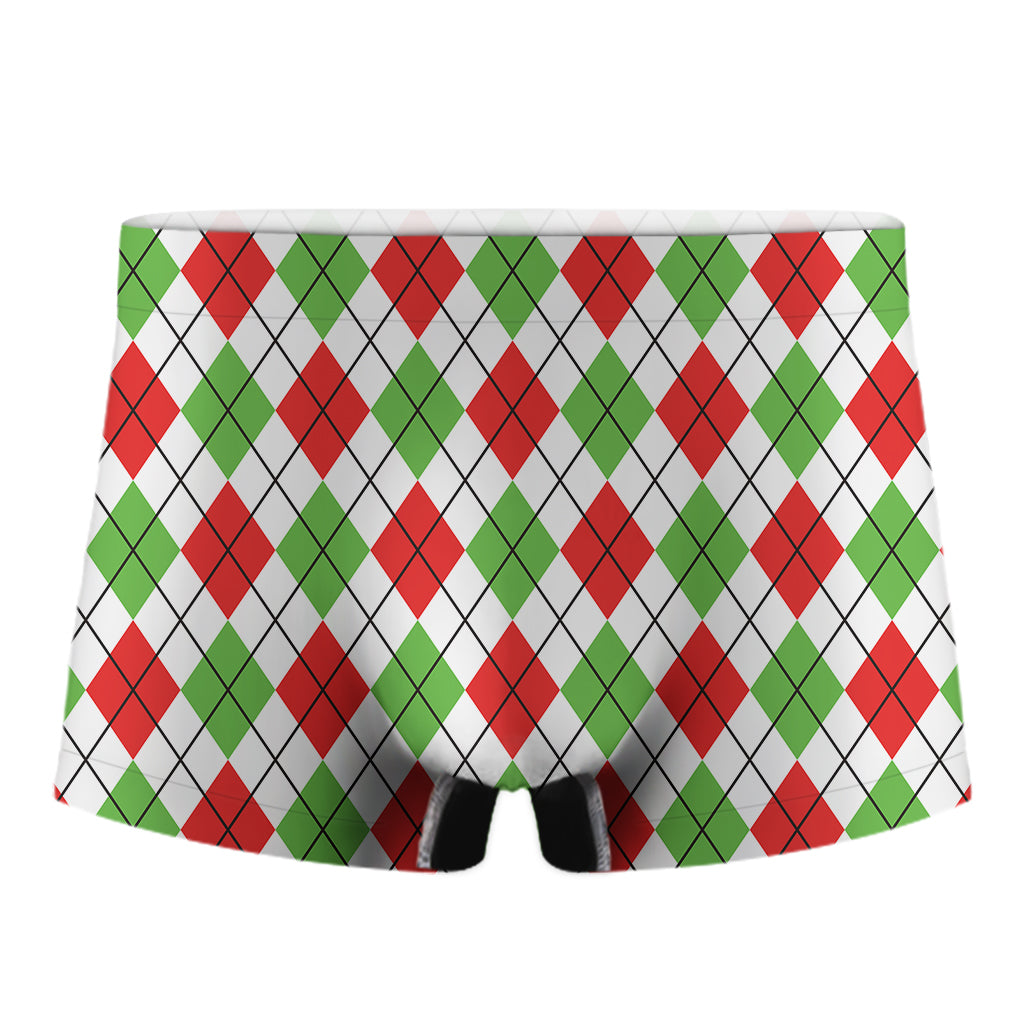 Green Red And White Argyle Pattern Print Men's Boxer Briefs