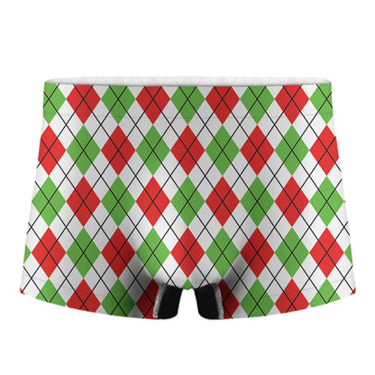 Green Red And White Argyle Pattern Print Men's Boxer Briefs