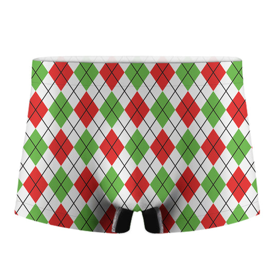 Green Red And White Argyle Pattern Print Men's Boxer Briefs