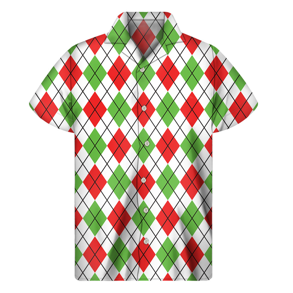 Green Red And White Argyle Pattern Print Men's Short Sleeve Shirt