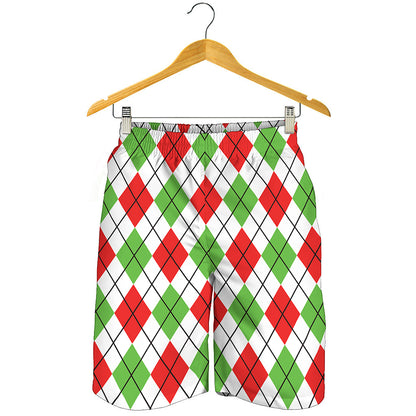 Green Red And White Argyle Pattern Print Men's Shorts