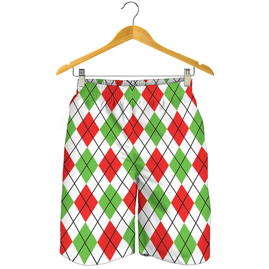 Green Red And White Argyle Pattern Print Men's Shorts