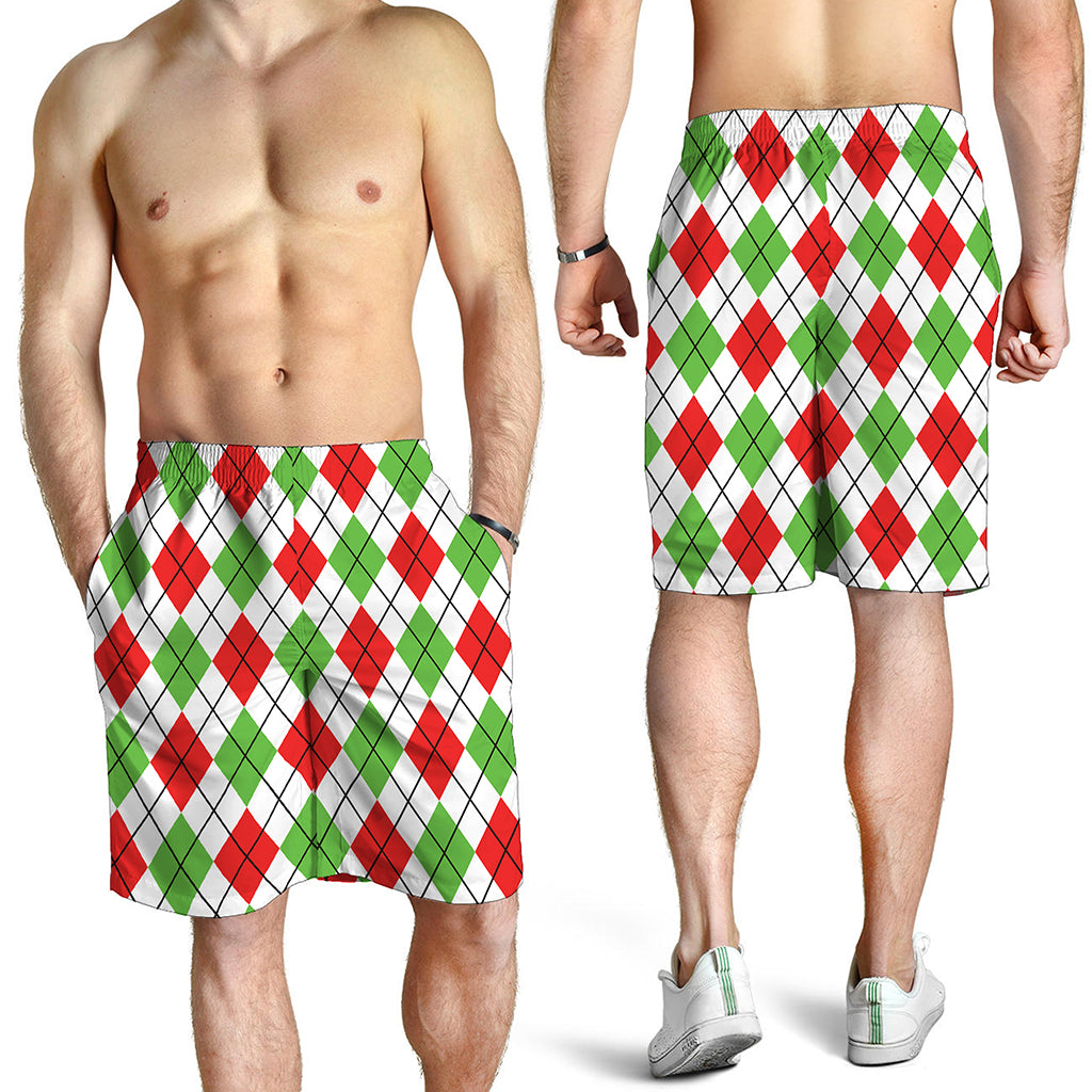Green Red And White Argyle Pattern Print Men's Shorts